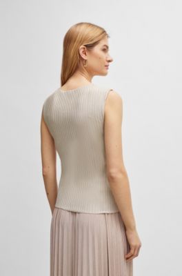 Sleeveless jersey top with V neckline and pliss&eacute; pleats , Light Beige