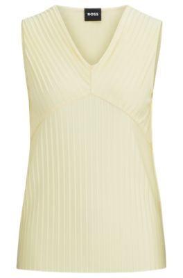 Hugo Boss Sleeveless Jersey Top With V Neckline And Pliss Pleats In Light Yellow