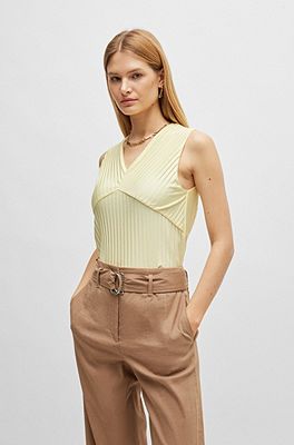 BOSS - Sleeveless jersey top with V neckline and plissé pleats