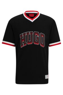 Shop Hugo Cotton-jersey Relaxed-fit T-shirt With Sporty Logo In Black