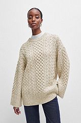 Wool-blend sweater with cable-knit structure, White