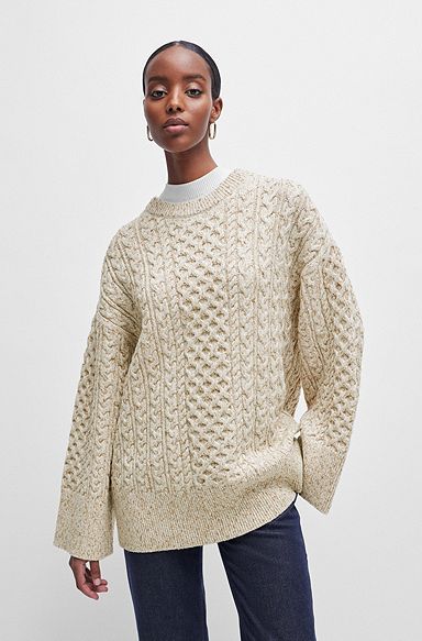 Jersey de lana con estructura de punto trenzado, Blanco