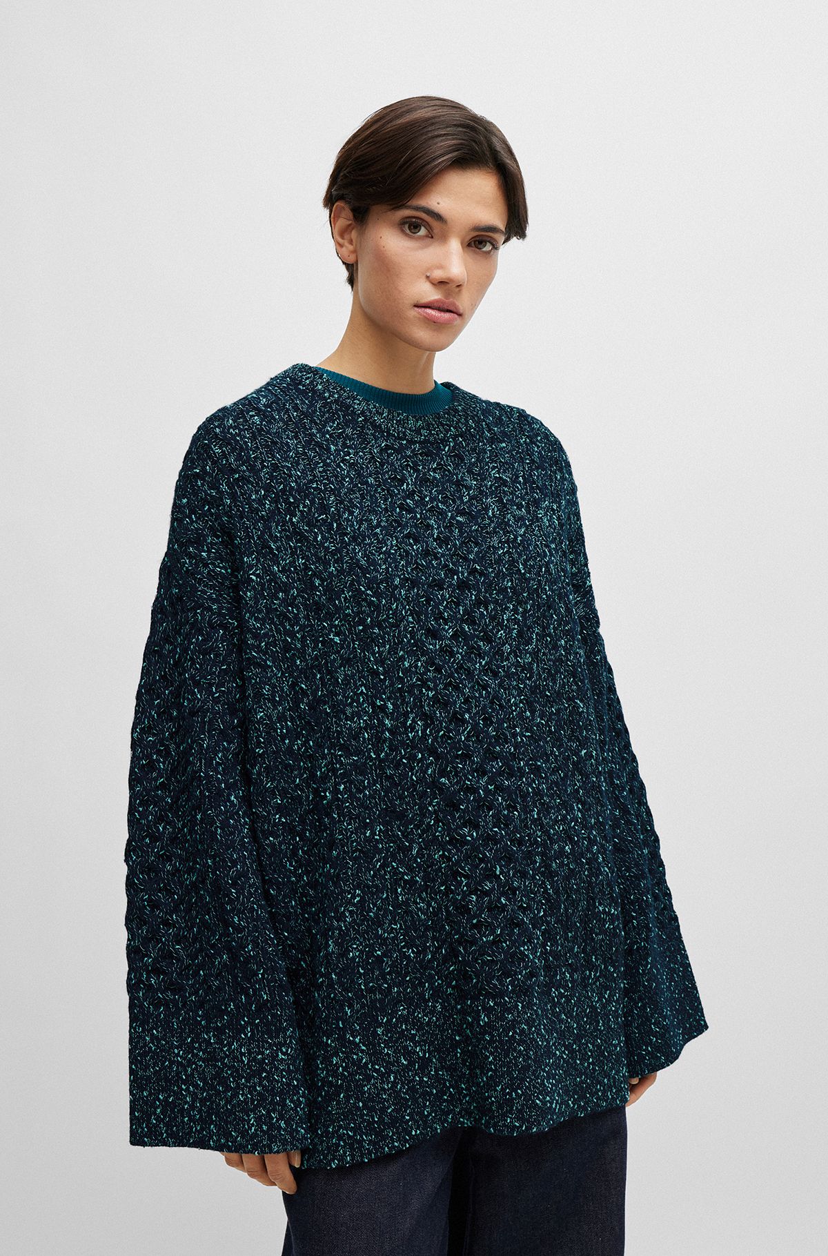 Jersey de lana con estructura de punto trenzado, Azul oscuro