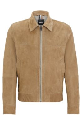 Shop Hugo Boss Regular-fit Jacket In Suede In Khaki