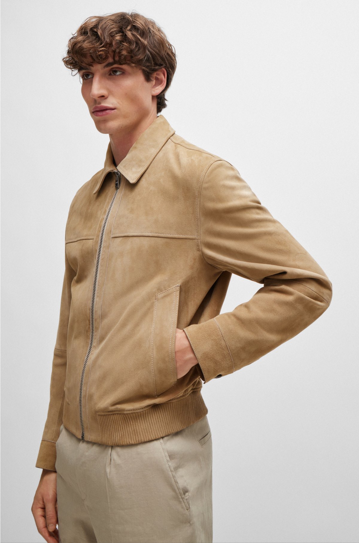 Regular-fit jacket in suede with two-way zip