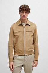 Regular-fit jacket in suede with two-way zip, Khaki