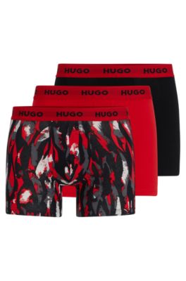 Hugo Three-pack Of Stretch-cotton Boxer Briefs With Logo Waistbands In Red