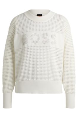 Shop Hugo Boss Open-knit Sweater With Logo Detail In White