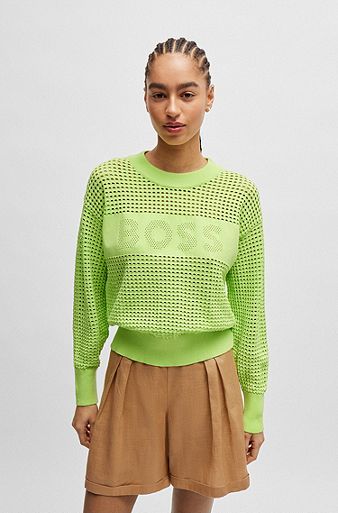 Open-knit sweater with logo detail, Green
