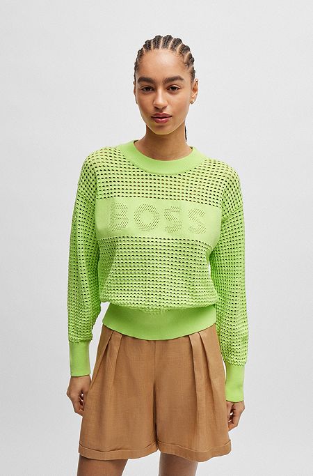 Open-knit sweater with logo detail, Green