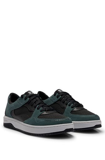 Lace-up trainers in faux leather and suede, Black