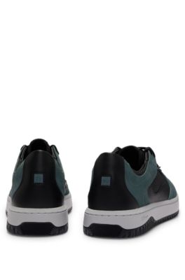Lace-up trainers in faux leather and suede, Black