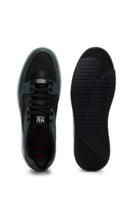 Lace-up trainers in faux leather and suede, Black