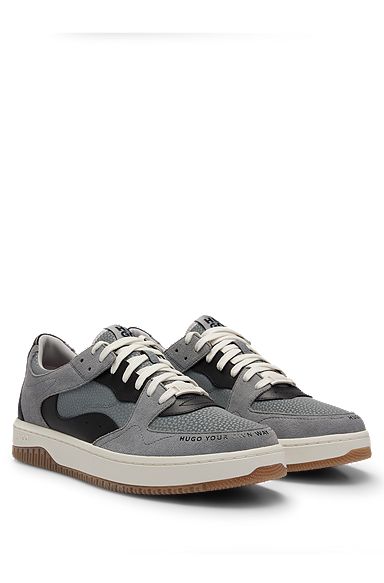 Lace-up trainers in faux leather and suede, Light Grey