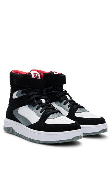 High-top trainers in leather and suede, White