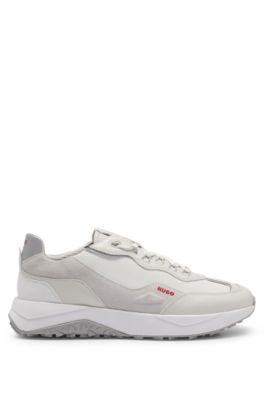 Mixed-material trainers with leather trims, White