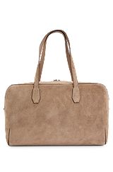 Leather holdall with two-way zip, Light Beige