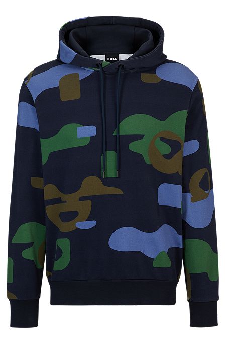 Mercerised-cotton regular-fit hoodie with seasonal pattern, Dark Blue