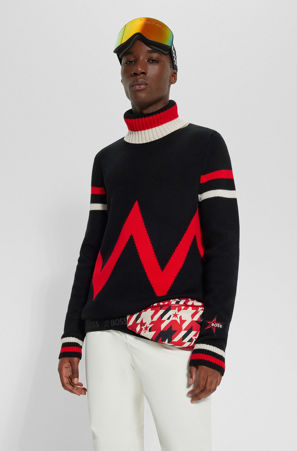 BOSS x Perfect Moment virgin-wool sweater with stripe intarsia, Black