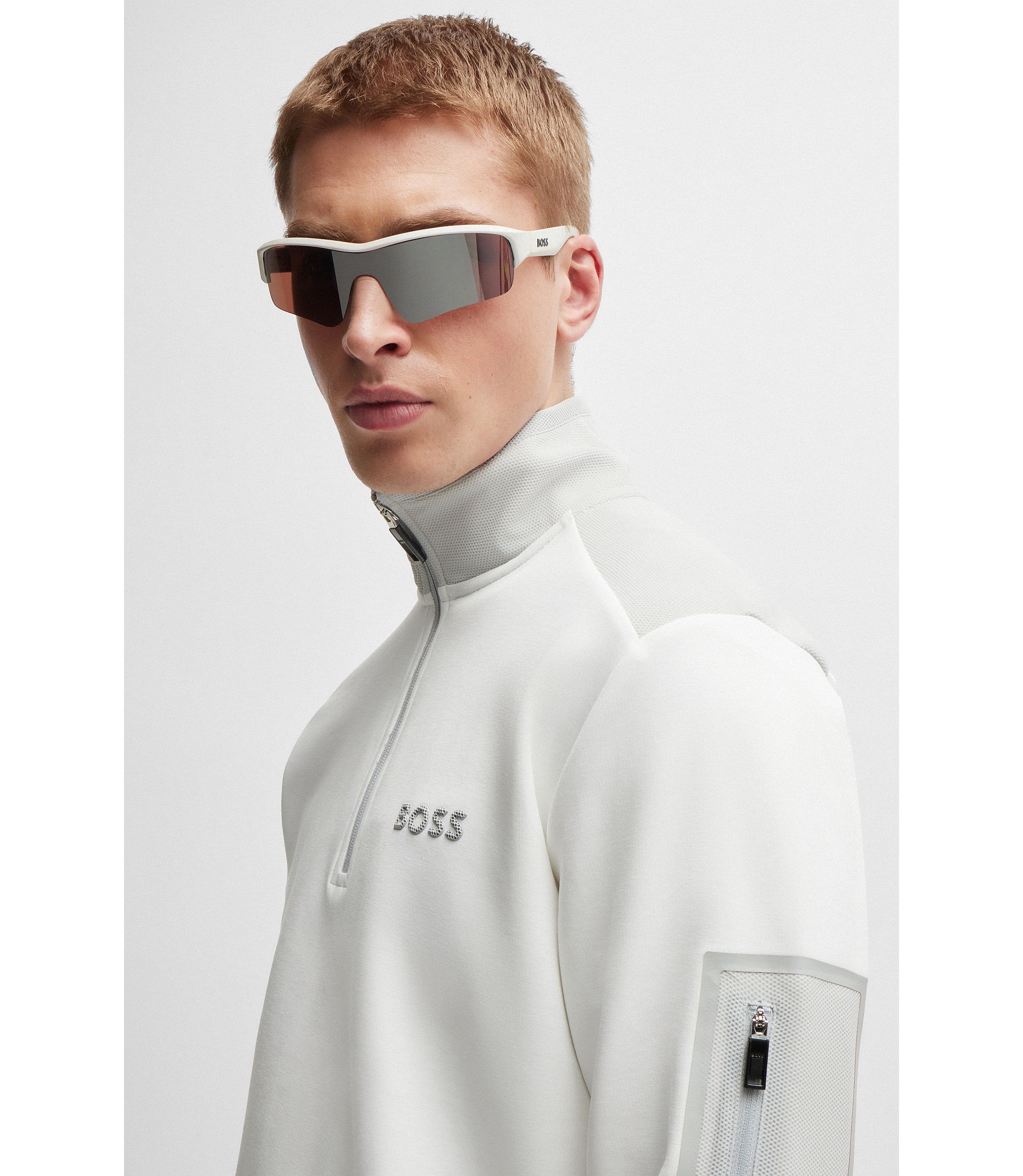 BOSS - Zip-neck sweatshirt with 3D-molded logo - White BOSS - Zip-neck sweatshirt with 3D-molded logo - White