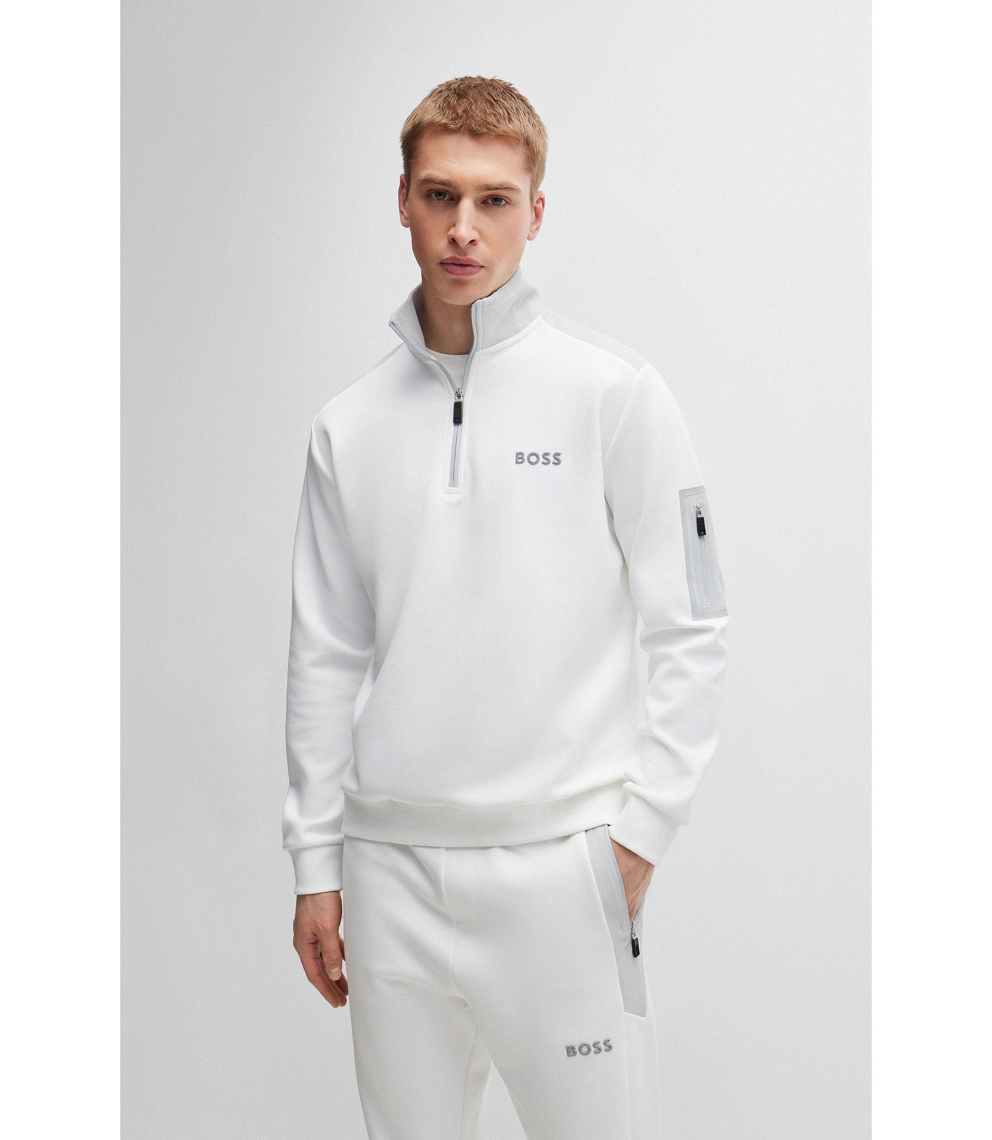 BOSS - Zip-neck sweatshirt with 3D-molded logo - White BOSS - Zip-neck sweatshirt with 3D-molded logo - White