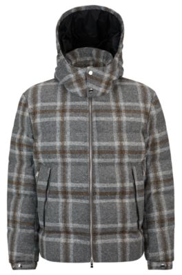 Shop Hugo Boss Down Jacket With Checked Pattern In Grey
