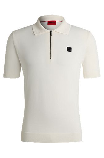 Zip-neck polo shirt with stacked logo, White