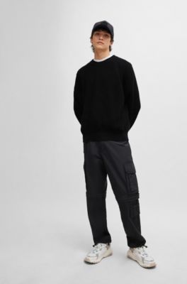 Relaxed-fit sweater with knitted structure and crew neckline, Black