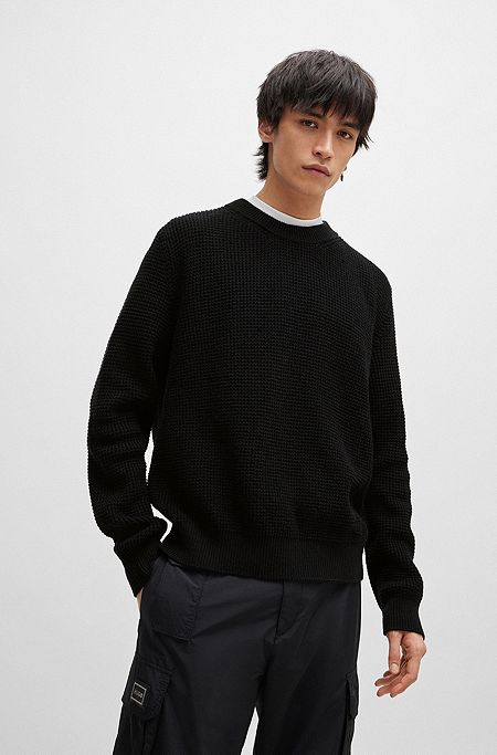Relaxed-fit sweater with knitted structure and crew neckline, Black