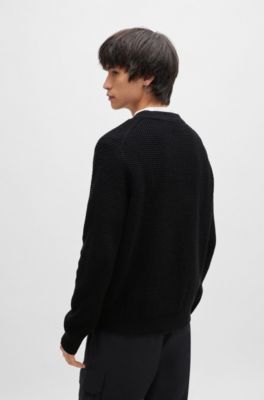 Relaxed-fit sweater with knitted structure and crew neckline, Black