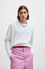 Relaxed-fit sweater with knitted structure and crew neckline, White