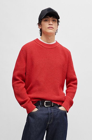 Relaxed-fit sweater with knitted structure and crew neckline, Red
