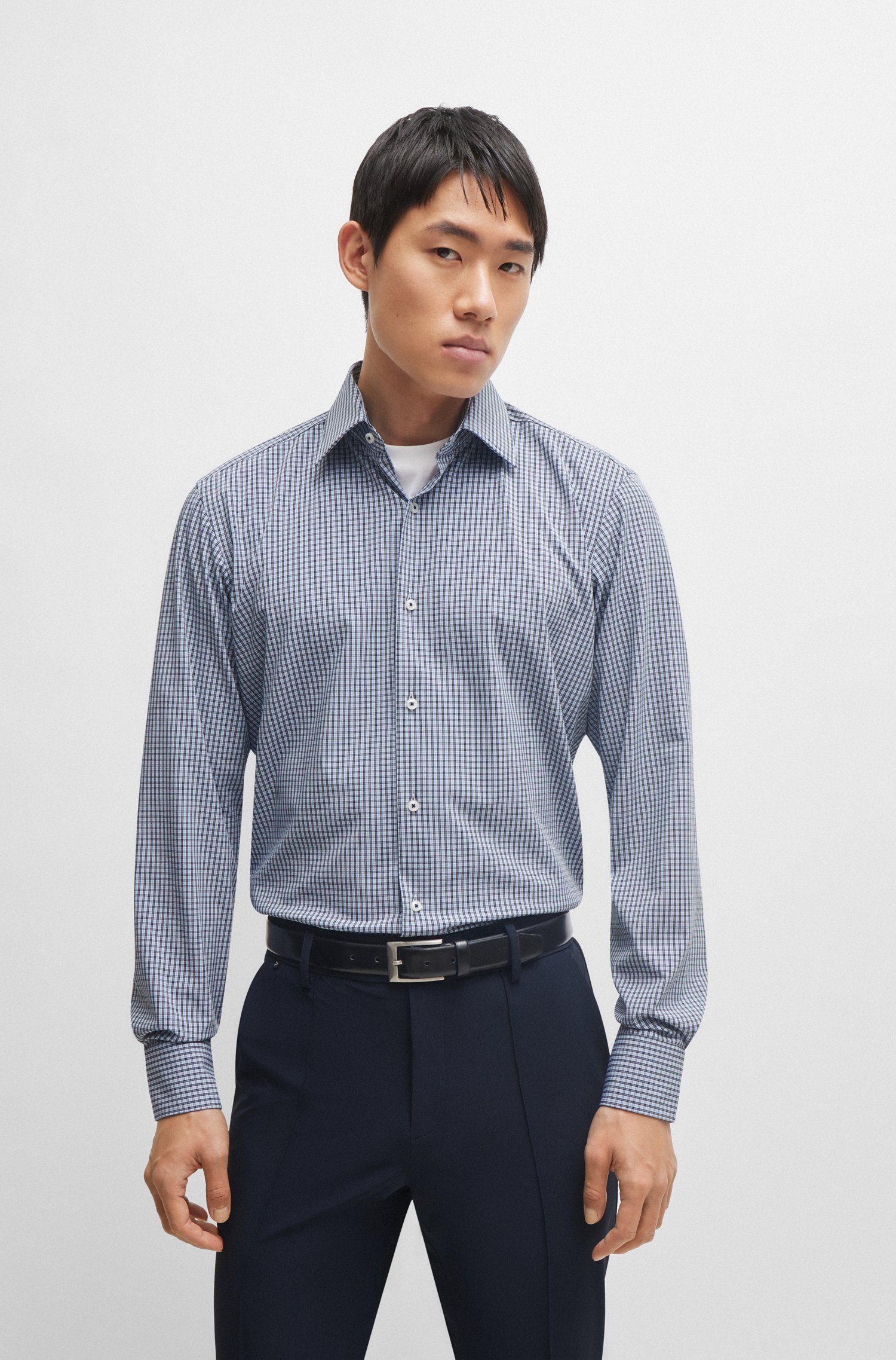 Regular-fit shirt checked performance-stretch fabric