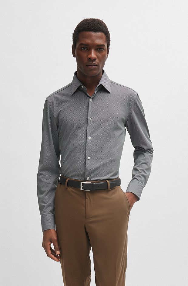 Slim-fit shirt in structured performance-stretch fabric, Black