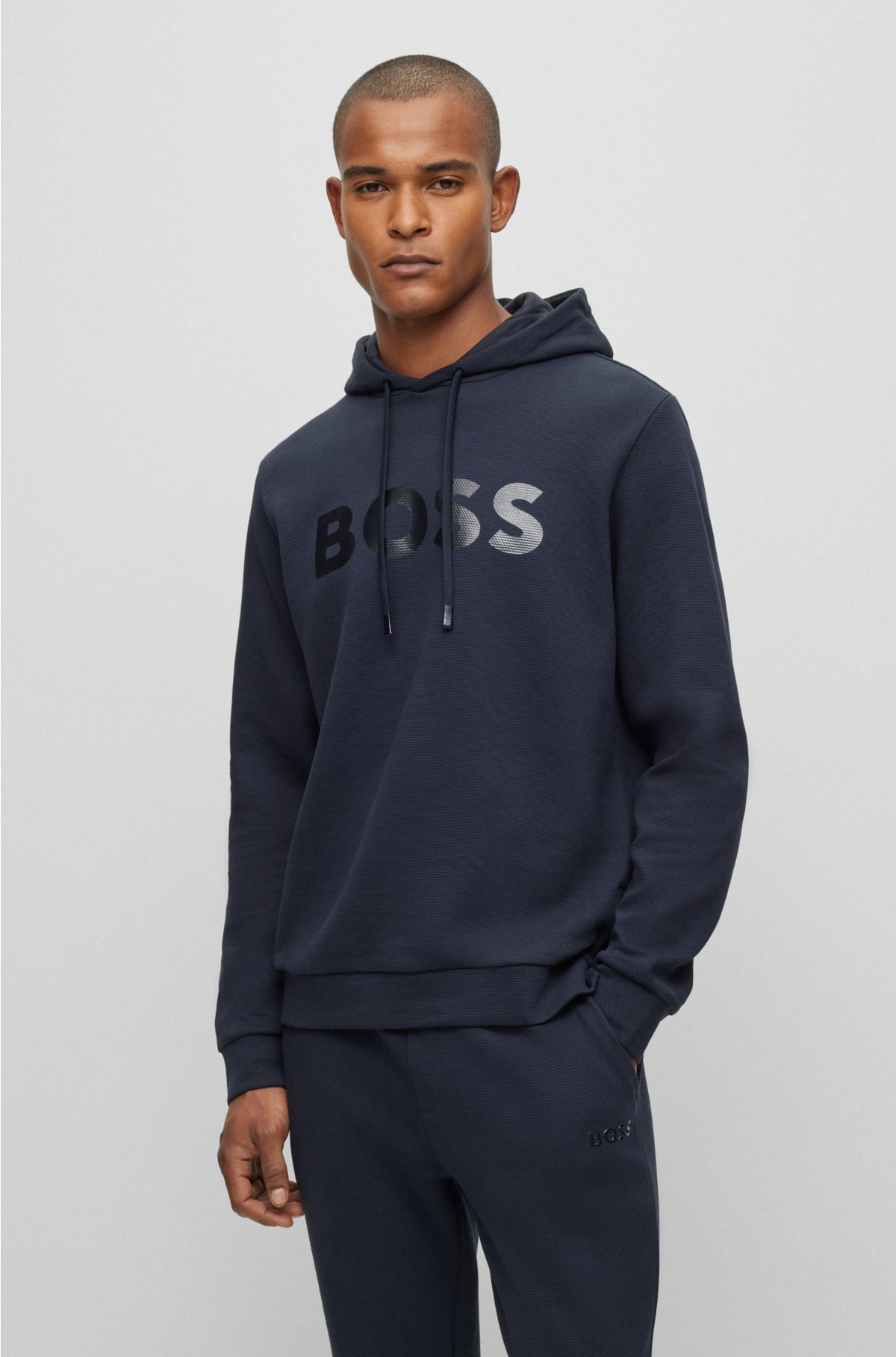 BOSS - Cotton-piqué relaxed-fit logo artwork hoodie with