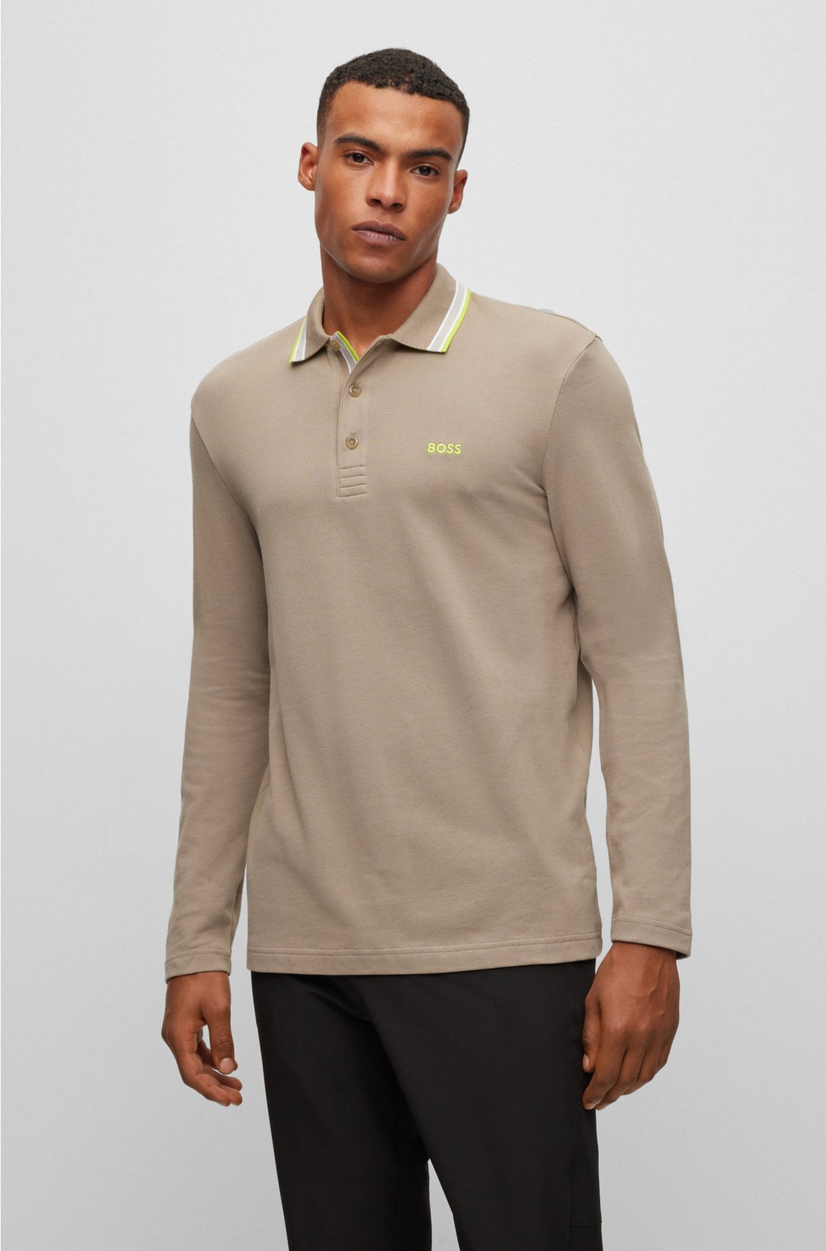 Formålet Leopard affældige BOSS - Long-sleeved cotton-piqué polo shirt with contrast logo