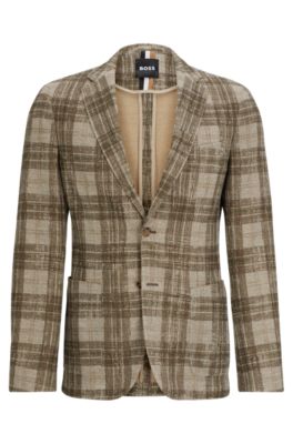Hugo Boss Slim-fit Jacket In Checked Stretch Jersey In Light Brown