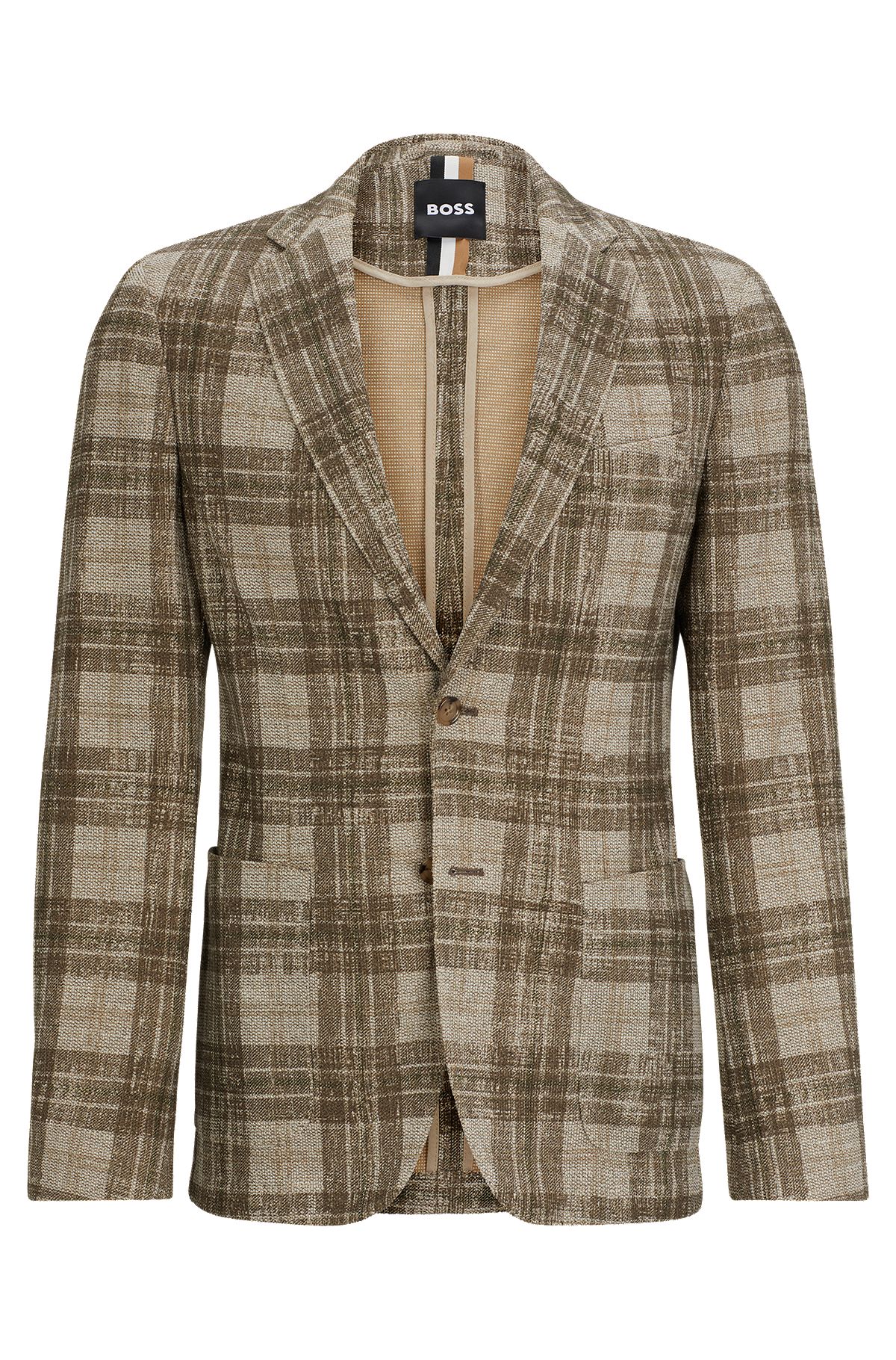 Slim-fit jacket in checked stretch jersey, Light Brown
