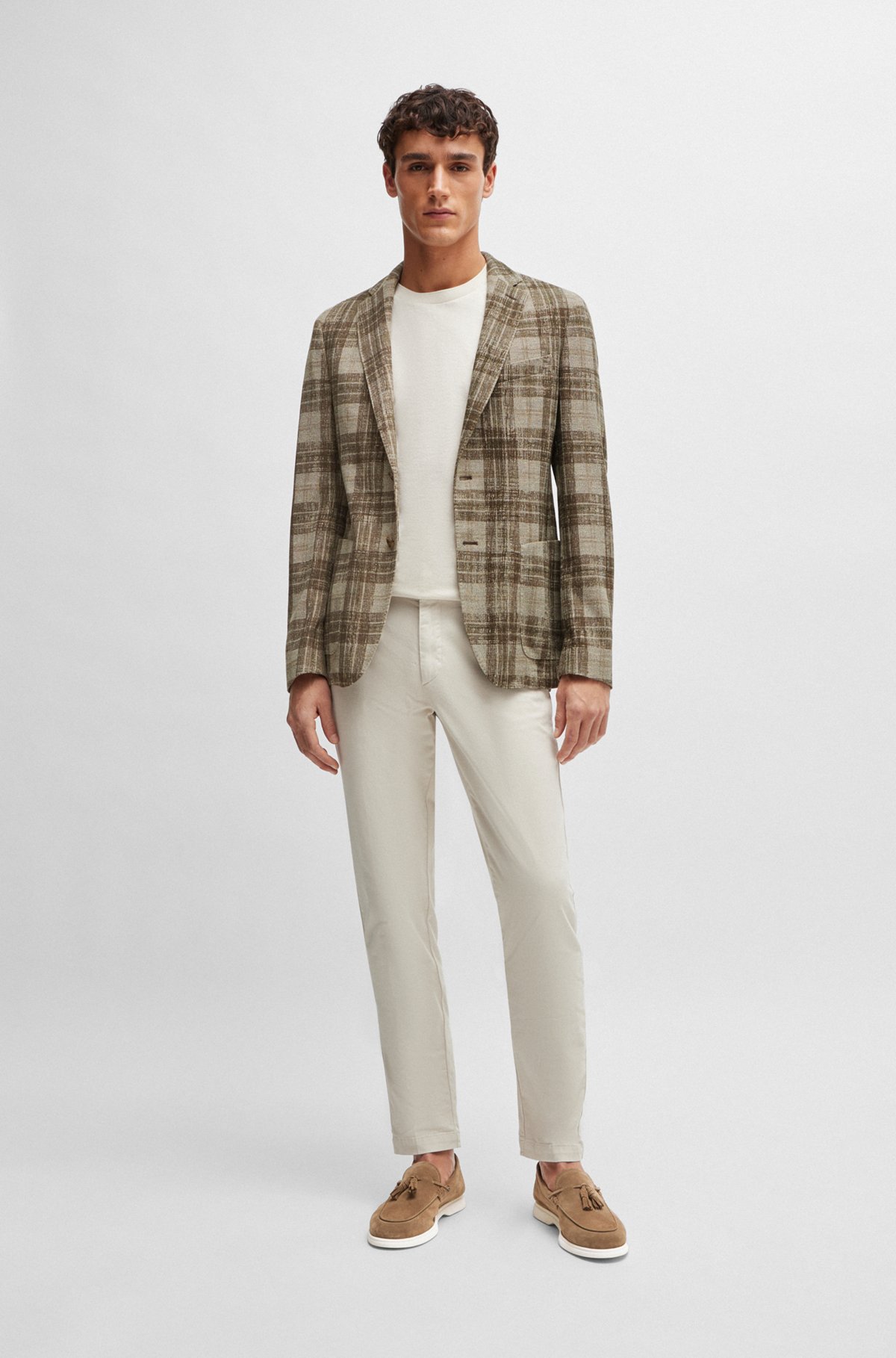 BOSS - Slim-fit jacket in checked stretch jersey