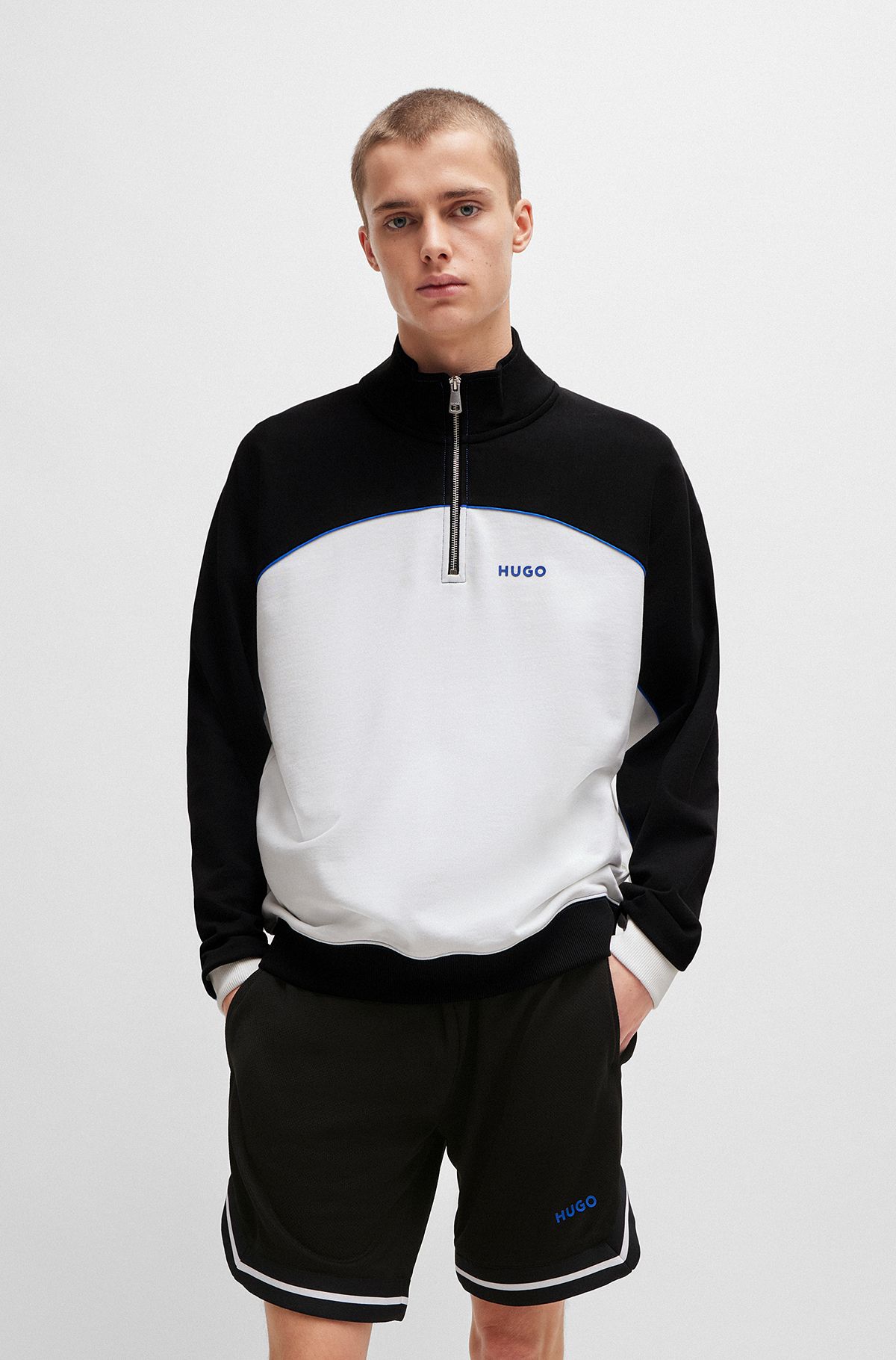 Cotton-terry sweatshirt with color-blocking and branding, White