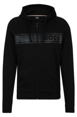 Hugo Boss Cotton-terry Zip-up Hoodie With Tonal Logo Print In Black