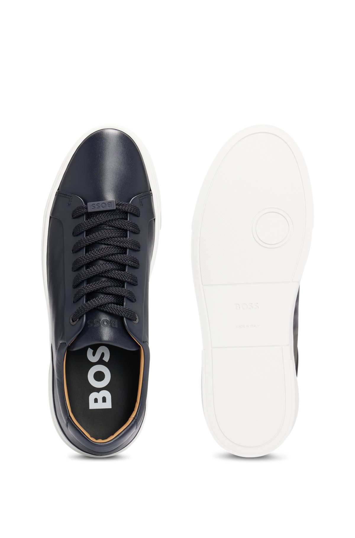 Leather low-profile sneakers with branding and rubber outsole, Dark Blue