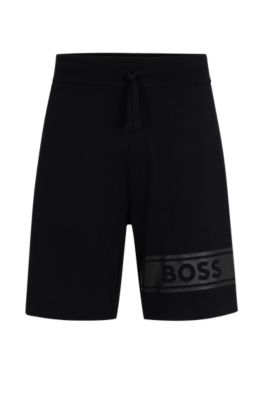 Hugo Boss Cotton-terry Shorts With Logo Print And Drawstring In Black 001