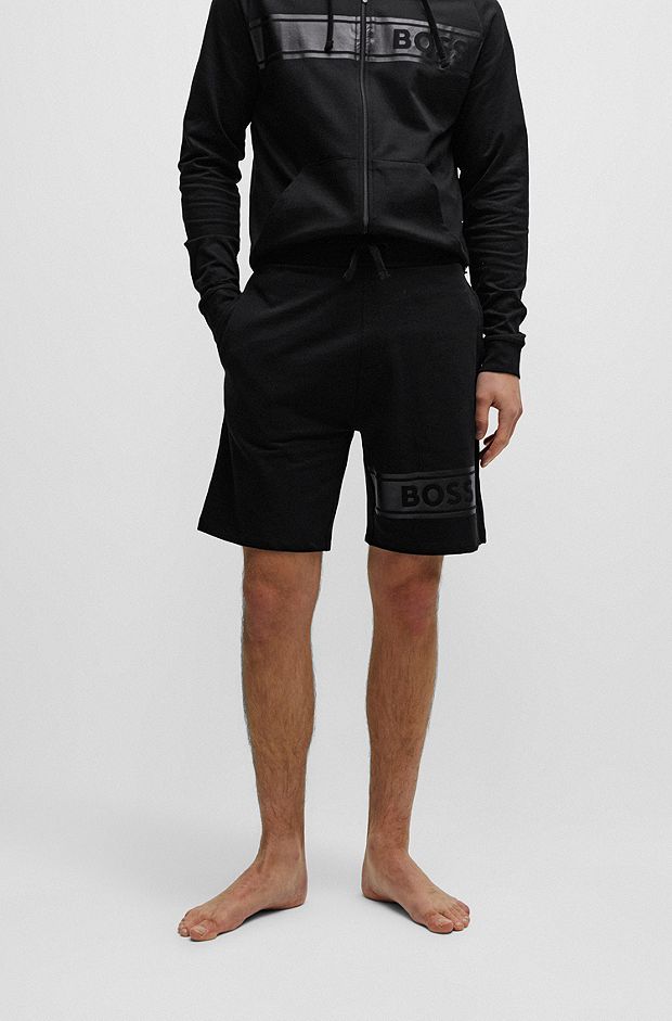 Cotton-terry shorts with logo print and drawstring, Black