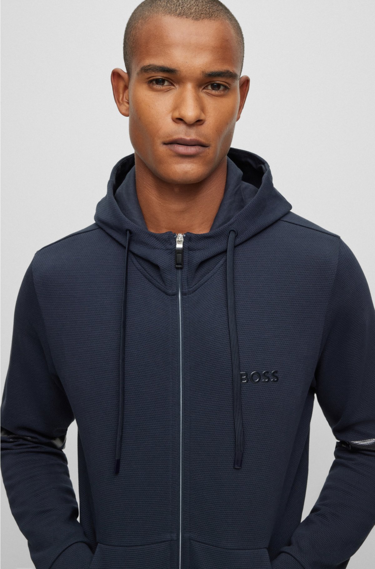 BOSS - Cotton-piqué zip-up hoodie with logo detail