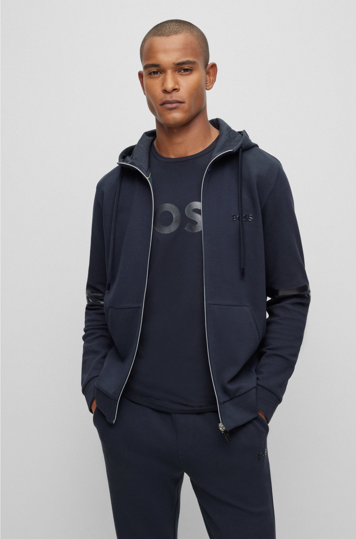 BOSS - Cotton-piqué zip-up hoodie with logo detail