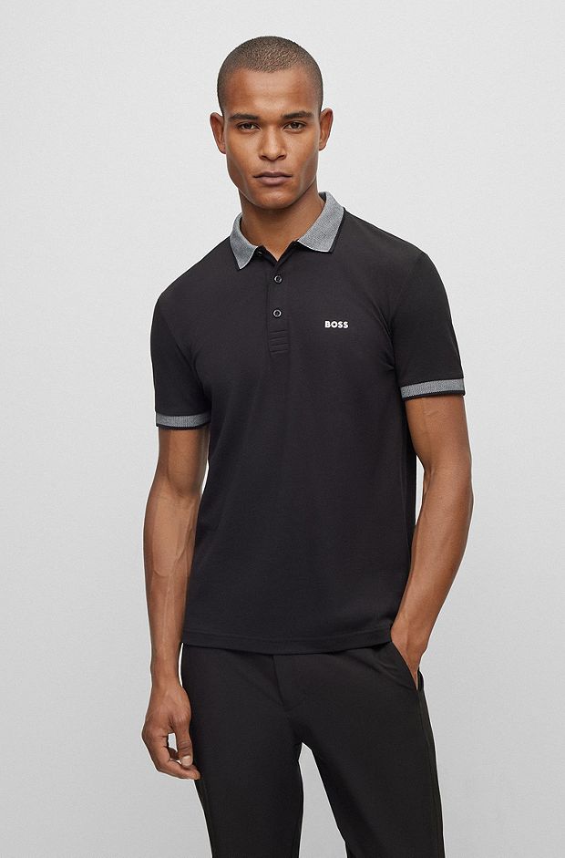 Slim-fit polo shirt with contrast logo, Black