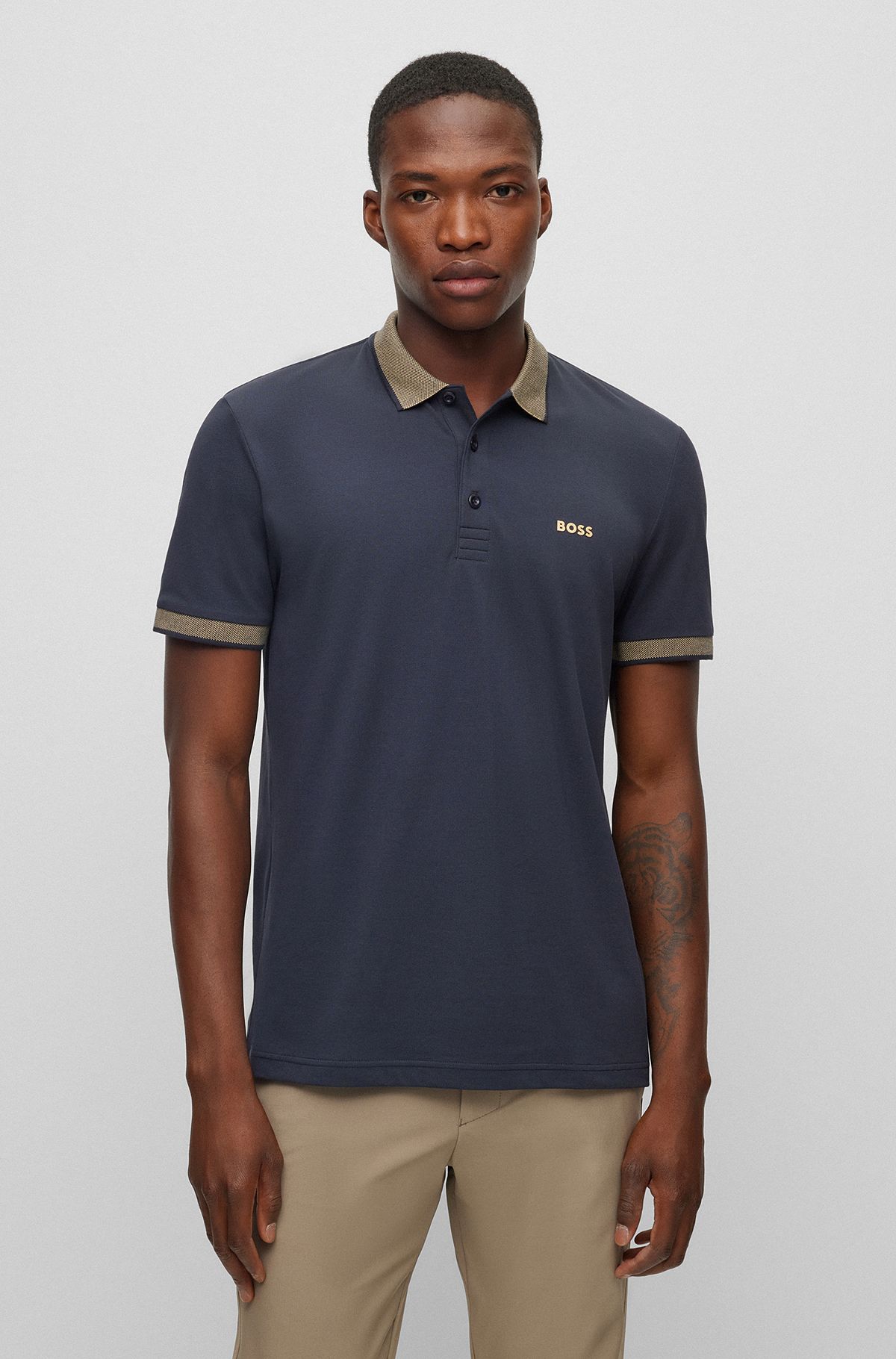 Slim-fit polo shirt with contrast logo, Dark Blue