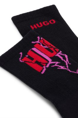 Lot de deux paires de chaussettes courtes en coton m&eacute;lang&eacute; &agrave; logos, Noir