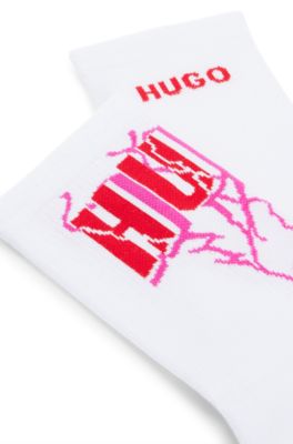 Lot de deux paires de chaussettes courtes en coton m&eacute;lang&eacute; &agrave; logos, Blanc